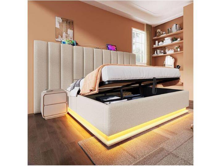 Gepolstertes Doppelbett 180 x 200 mit LED und USB-C-Ladefunktion, Bettrahmen mit Lattenrost, Leinen, beige, ohne Kopfteil. Gepolstertes Doppelbett 180 x 200 mit LED und USB-C-Ladefunktion, Bettrahmen mit Lattenrost, Leinen, beige, ohne Kopfteil. von Kauf-Unique Marketplace