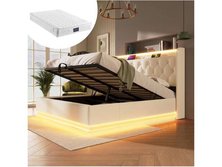 Gepolstertes Doppelbett mit Stauraum – 140 x 200 cm – Matratze + Leds + Kopfteil mit USB – PU-Ledser – Weiß von Kauf-Unique Marketplace