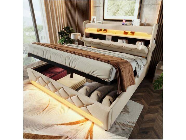 Gepolstertes Doppelbett mit Stauraum – 160 x 200 cm – 360° LEDs + Kopfteil mit USB und Typ C – Leinenstoff – Beige Gepolstertes Doppelbett mit Stauraum – 160 x 200 cm – 360° LEDs + Kopfteil mit USB und Typ C – Leinenstoff – Beige von Kauf-Unique Marketplace