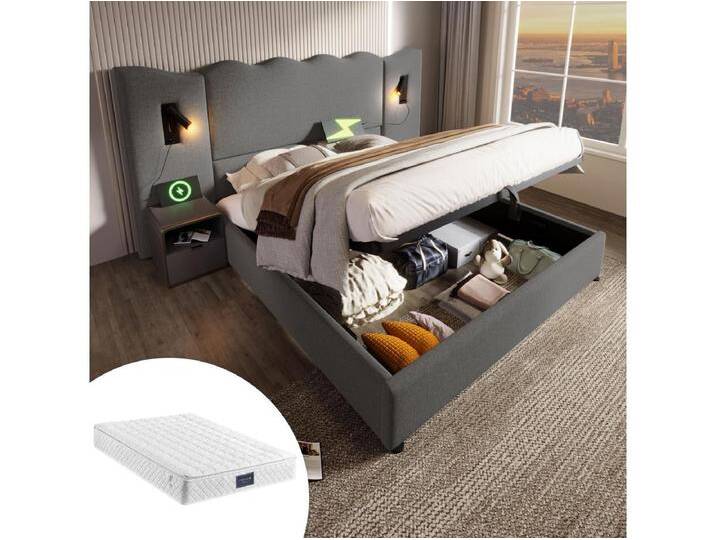 Gepolstertes Doppelbett mit Stauraum – 160 x 200 cm – Kopfteil + Matratze – Lampe und USB – Massivholz und Leinenstoff – Grau von Kauf-Unique Marketplace