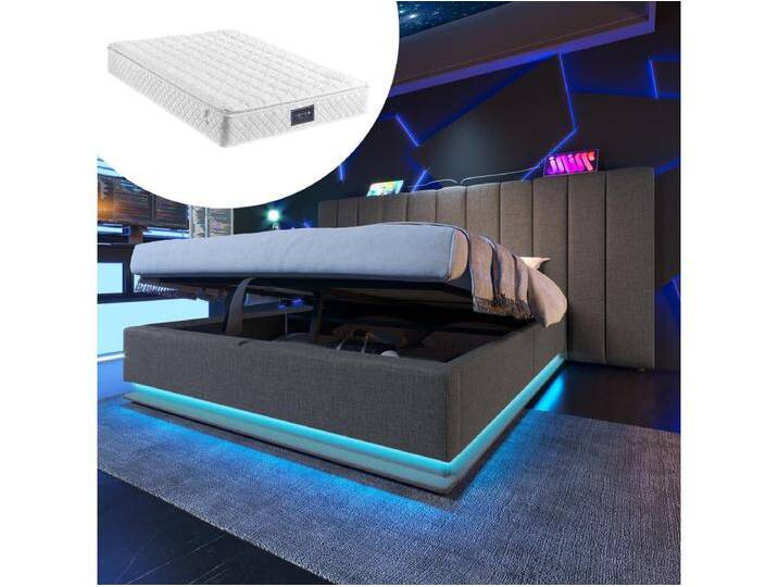 Gepolstertes Doppelbett mit Stauraum - 160 x 200 cm - Kopfteil + Matratze - Leds + USB - Massivholz und Leinenstoff - Grau Gepolstertes Doppelbett mit Stauraum - 160 x 200 cm - Kopfteil + Matratze - Leds + USB - Massivholz und Leinenstoff - Grau von Kauf-Unique Marketplace