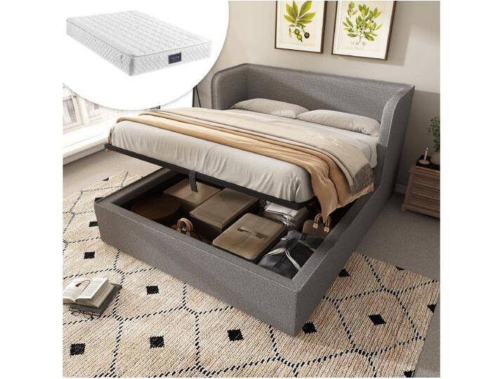 Gepolstertes Doppelbett mit Stauraum – 160 x 200 cm – Kopfteil + Matratze – Massivholz und Leinenstoff – Grau von Kauf-Unique Marketplace