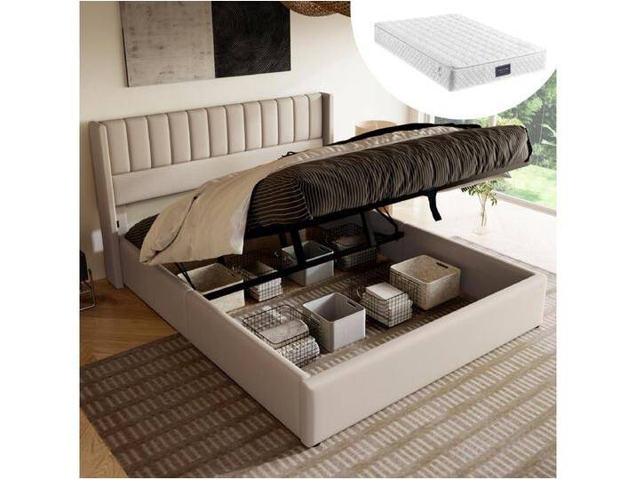 Gepolstertes Doppelbett mit Stauraum - 160 x 200 cm - Matratze + Kopfteil - Massivholz + Leinen + Metall - Beige von Kauf-Unique Marketplace