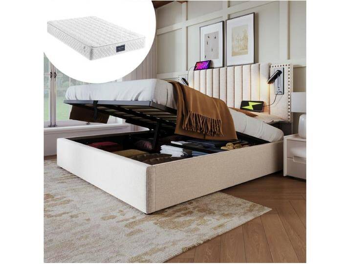 Gepolstertes Doppelbett mit Stauraum - 160 x 200 cm - Matratze + Kopfteil mit USB - Baumwollstoff - Beige von Kauf-Unique Marketplace