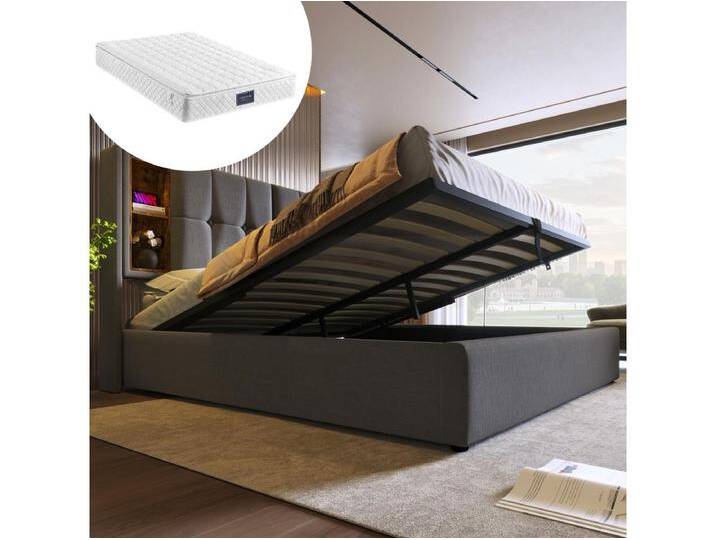 Gepolstertes Doppelbett mit Stauraum - 160 x 200 cm - Matratze + Kopfteil mit USB - Baumwollstoff - Grau von Kauf-Unique Marketplace