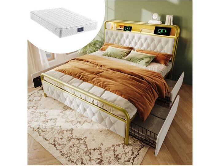 Gepolstertes Doppelbett mit Stauraum - 160 x 200 cm - Matratze + LEDs + 4 Schubladen + Kopfteil mit USB - Samt - Weiß von Kauf-Unique Marketplace