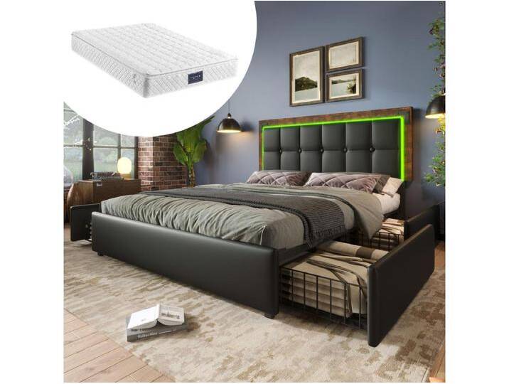 Gepolstertes Doppelbett mit Stauraum - 160 x 200 cm - Matratze + LEDs + 4 Schubladen + verstellbares Kopfteil - PU-Leder - Schwarz von Kauf-Unique Marketplace