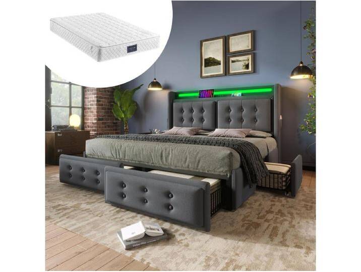 Gepolstertes Doppelbett mit Stauraum - 160 x 200 cm - Matratze + Leds + 4 Schubladen + Kopfteil mit USB - Baumwollstoff - Grau von Kauf-Unique Marketplace