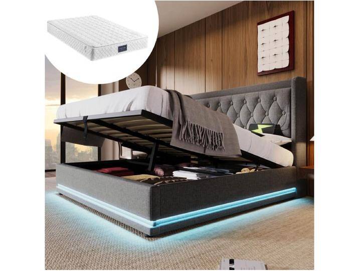 Gepolstertes Doppelbett mit Stauraum - 160 x 200 cm - Matratze + Leds + Kopfteil mit USB - Baumwollstoff - Grau von Kauf-Unique Marketplace