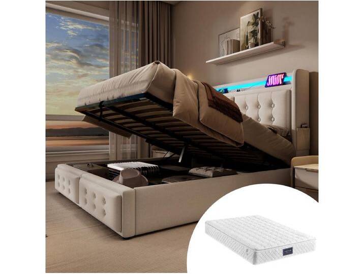 Gepolstertes Doppelbett mit Stauraum - 160 x 200 cm - Matratze + Leds + Kopfteil mit USB - Massivholz und Baumwolle - Beige von Kauf-Unique Marketplace