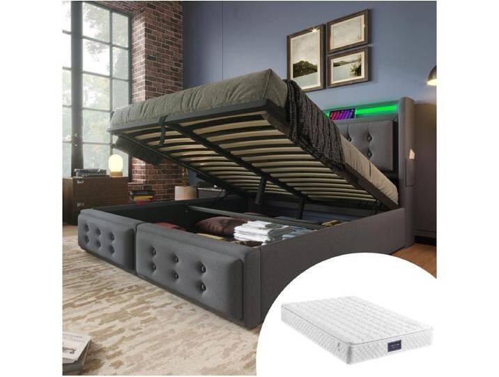 Gepolstertes Doppelbett mit Stauraum - 160 x 200 cm - Matratze + Leds + Kopfteil mit USB - Massivholz und Baumwolle - Grau von Kauf-Unique Marketplace
