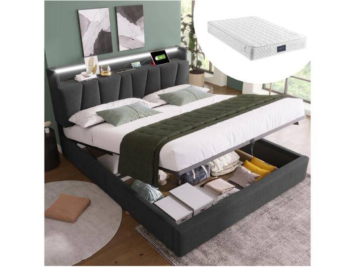 Gepolstertes Doppelbett mit Stauraum - 160 x 200 cm - Matratze - LEDs + Kopfteil mit USB - Leinenstoff - Grau von Kauf-Unique Marketplace
