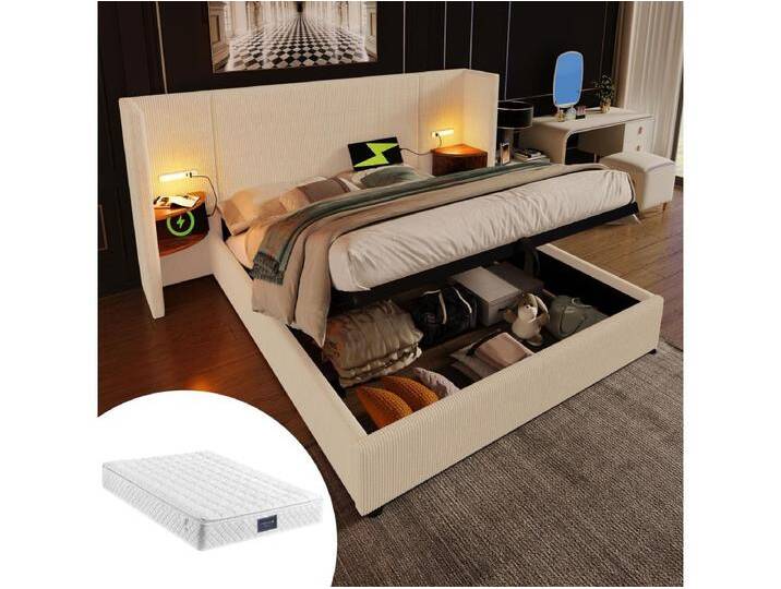 Gepolstertes Doppelbett mit Stauraum - 160 x 200 cm - Nachttisch + Matratze - Lampe und USB - Massivholz und Cord - Beige + Weiß von Kauf-Unique Marketplace