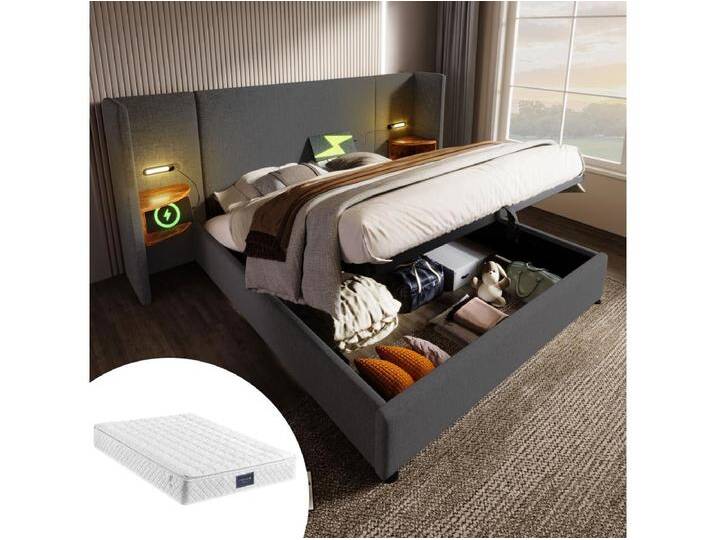 Gepolstertes Doppelbett mit Stauraum - 160 x 200 cm - Nachttisch + Matratze - Lampe und USB - Massivholz und Leinenstoff - Grau von Kauf-Unique Marketplace