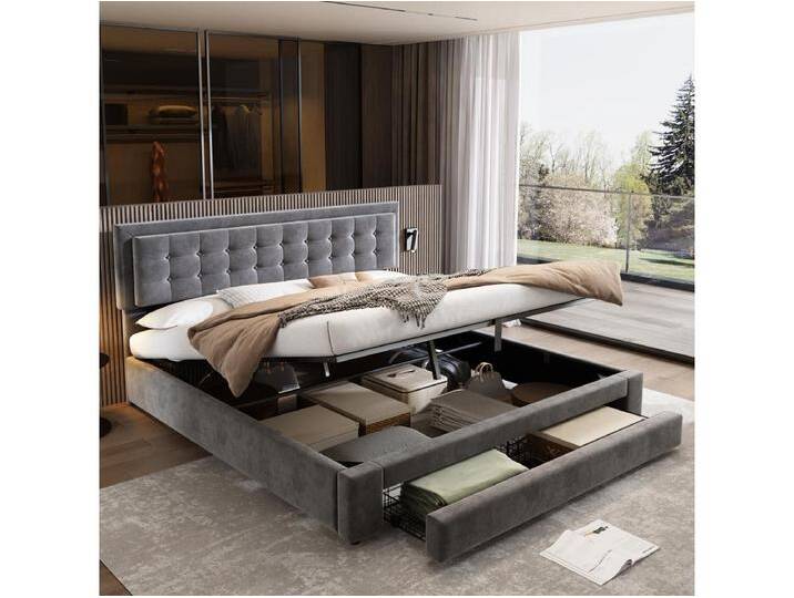 Gepolstertes Doppelbett mit Stauraum - 160 x 200 cm - mit Schublade - Samtstoff - grau von Kauf-Unique Marketplace