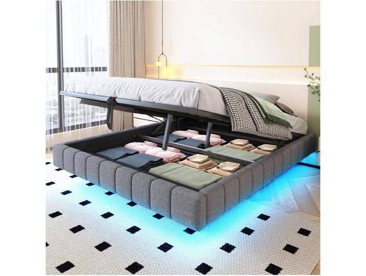 Gepolstertes Doppelbett mit Stauraum - 160 x 200 cm - ohne Kopfteil + LEDs - Leinenstoff - Grau von Kauf-Unique Marketplace