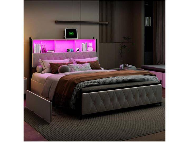 Gepolstertes Erwachsenenbett mit LED und 2 USB-Ladeanschlüssen – 4 Schubladen + Lattenrost – Samtstoff – 140 x 200 cm – Beige von Kauf-Unique Marketplace
