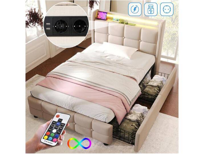 Gepolstertes Kinderbett 90 x 200 cm mit 2 Schubladen – USB + LEDs – Leinenstoff – Beige Gepolstertes Kinderbett 90 x 200 cm mit 2 Schubladen – USB + LEDs – Leinenstoff – Beige von Kauf-Unique Marketplace