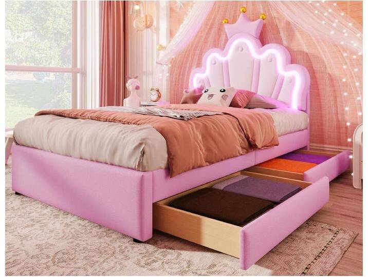 Gepolstertes Kinderbett 90x200 cm – mit LED und 2 Schubladen – Pink von Kauf-Unique Marketplace