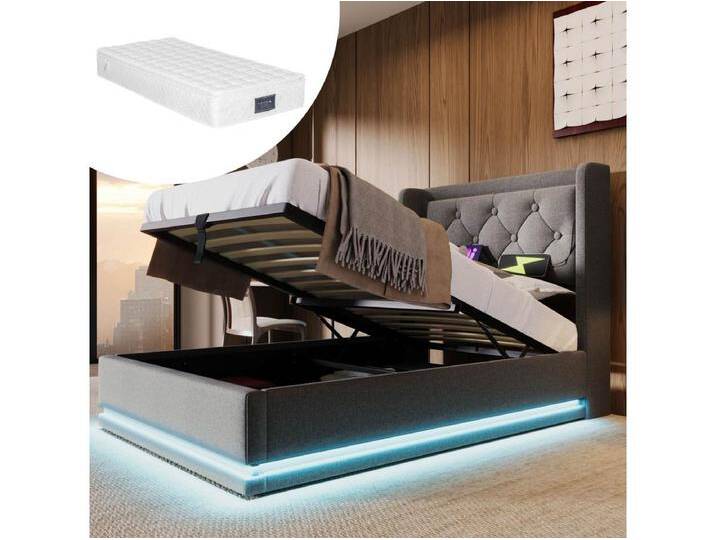 Gepolstertes Kinderbett mit Stauraum - 90 x 200 cm - Matratze + Leds + Kopfteil mit USB - Baumwollstoff - Grau von Kauf-Unique Marketplace