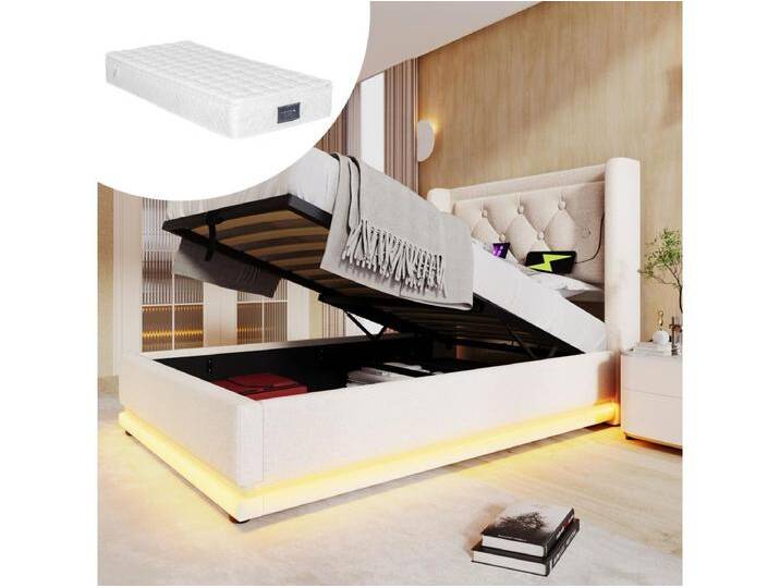 Gepolstertes Kinderbett mit Stauraum - 90 x 200 cm - mit Matratze + LEDs + Kopfteil mit USB - Baumwolle - Beige Gepolstertes Kinderbett mit Stauraum - 90 x 200 cm - mit Matratze + LEDs + Kopfteil mit USB - Baumwolle - Beige von Kauf-Unique Marketplace