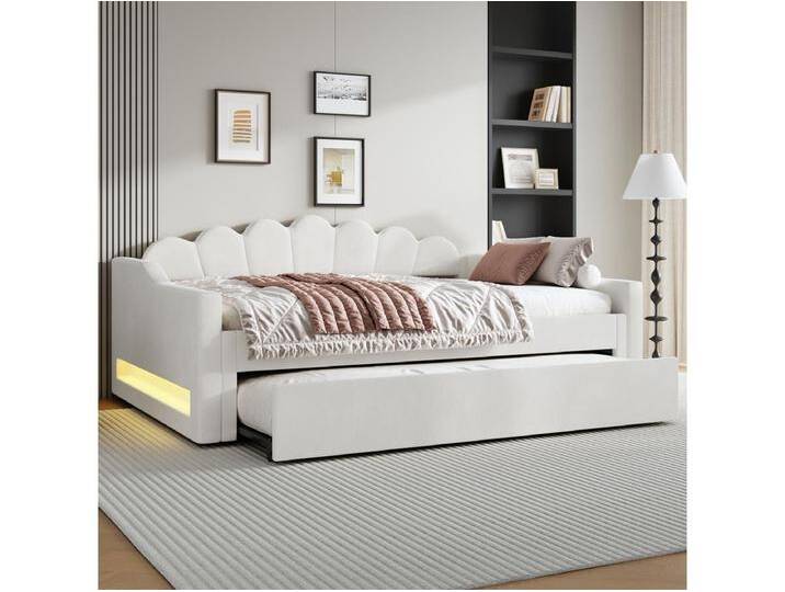 Gepolstertes Kinderschlafsofa – 140 x 200 cm – mit Ausziehbett 90 x 190 cm + LEDs – MDF – Beige Gepolstertes Kinderschlafsofa – 140 x 200 cm – mit Ausziehbett 90 x 190 cm + LEDs – MDF – Beige von Kauf-Unique Marketplace