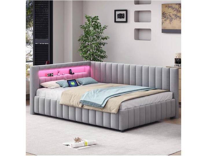 Gepolstertes Schlafsofa - 140 x 200 cm - mit LEDs + USB + Rückenlehne + Kopfteil - Samtstoff - Hellgrau von Kauf-Unique Marketplace