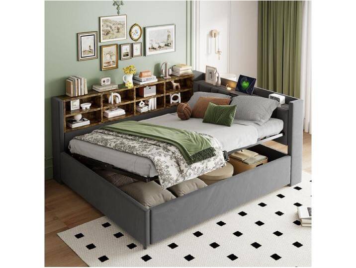 Gepolstertes Schlafsofa - 140 x 200 cm - mit hydraulischem Stauraum + Nachtlicht + Regale - Samt - grau von Kauf-Unique Marketplace