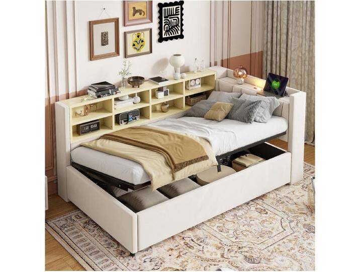 Gepolstertes Schlafsofa - 90 x 200 cm - mit hydraulischem Stauraum + Nachtlicht + Regale - Samt - Beige Gepolstertes Schlafsofa - 90 x 200 cm - mit hydraulischem Stauraum + Nachtlicht + Regale - Samt - Beige von Kauf-Unique Marketplace