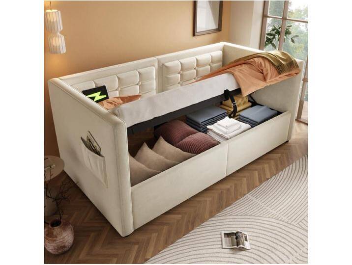 Gepolstertes Schlafsofa - 90 x 200 cm - mit hydraulischem Stauraum + USB & Typ-C - Samt - Beige von Kauf-Unique Marketplace