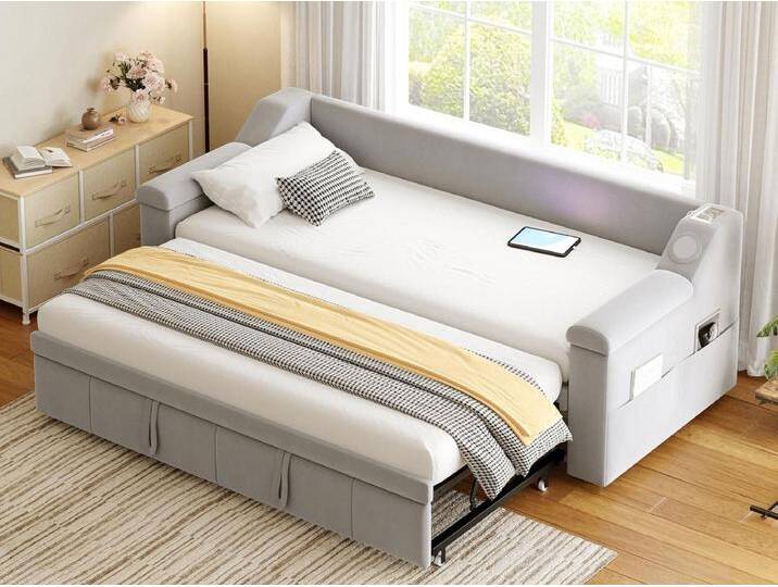 Gepolstertes Schlafsofa 90x190 cm - mit USB-Ladeanschluss - mit Staufächern - Samtstoff - hellgrau von Kauf-Unique Marketplace