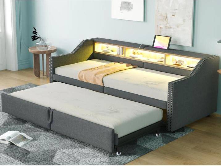 ​Gepolstertes Sofabett 90/180×200 cm​​ - mit Staufach - mit LED-Beleuchtung + USB-Anschluss - ​​dunkelgrau​ von Kauf-Unique Marketplace