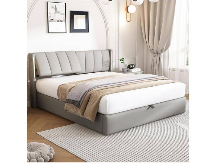 Gepolstertes Stauraumbett – 140 x 190 cm – mit USB-Anschluss + LEDs + verstellbarem Kopfteil – PU-Stoff – grau Gepolstertes Stauraumbett – 140 x 190 cm – mit USB-Anschluss + LEDs + verstellbarem Kopfteil – PU-Stoff – grau von Kauf-Unique Marketplace