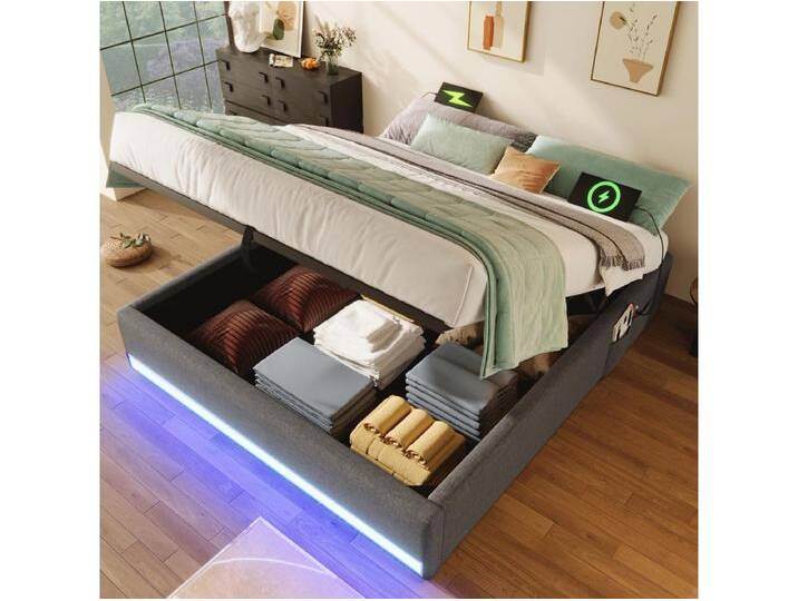 Gepolstertes Stauraumbett - 140 x 200 cm - mit LEDs + USB + Type-C - ohne Kopfteil - Leinen + MDF - grau von Kauf-Unique Marketplace