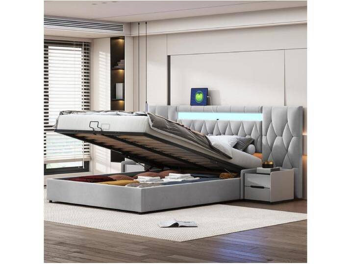 Gepolstertes Stauraumbett 160x200cm – mit großer Rückenlehne – mit LED und USB-Steckdose – Samt – Stauraumbett – Grau von Kauf-Unique Marketplace