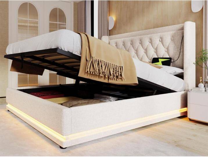 Gepolstertes Stauraumbett 180 x 200 cm aus Baumwollstoff – mit Ladefunktion und LED am Fußende des Bettes – Beige von Kauf-Unique Marketplace