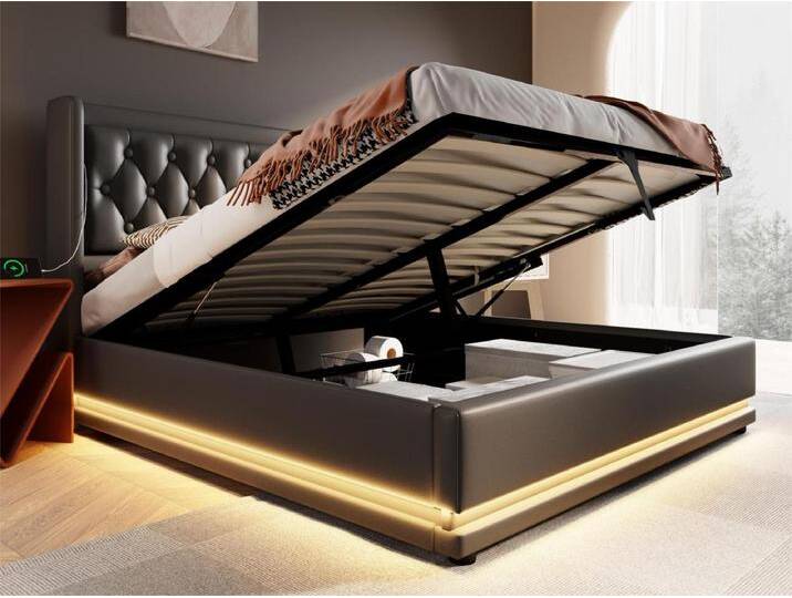 Gepolstertes Stauraumbett 180 x 200 cm aus Kunstleder – mit Ladefunktion und LED am Fußende des Bettes – Schwarz von Kauf-Unique Marketplace