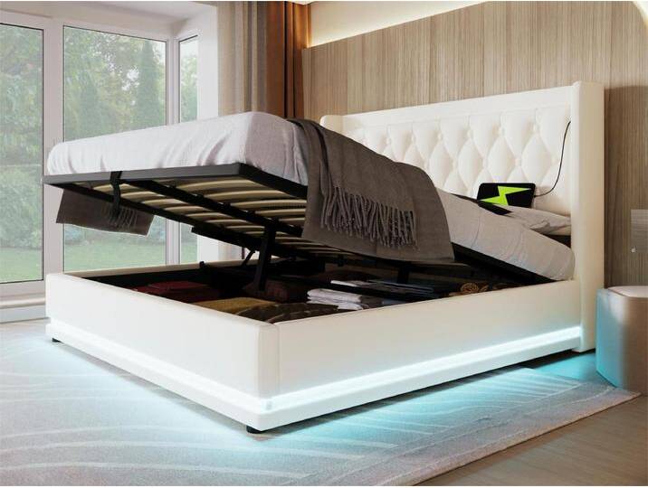 Gepolstertes Stauraumbett 180 x 200 cm aus Kunstleder – mit Ladefunktion und LED am Fußende des Bettes – Weiß von Kauf-Unique Marketplace
