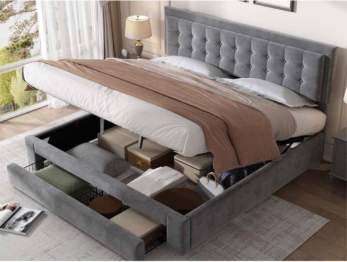 Gepolstertes Stauraumbett 180 x 200 cm aus Samt – mit Schublade und Lattenrost – Grau (ohne Matratze) von Kauf-Unique Marketplace