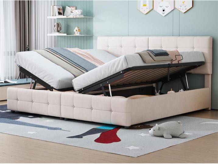 Gepolstertes Stauraumbett 180 x 200 cm aus Samt – umwandelbar in 2 Einzelbetten – Beige von Kauf-Unique Marketplace