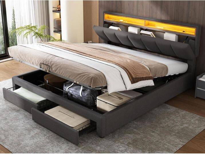 Gepolstertes Stauraumbett 180 x 200 cm in Leinen mit Schublade und LED – Stauraum-Kopfteil – Lattenrost – Grau von Kauf-Unique Marketplace