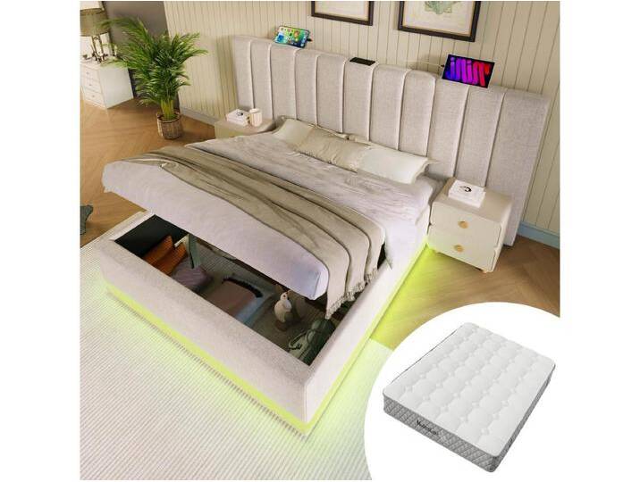 Gepolstertes Stauraumbett - 180 x 200 cm - mit LEDs + USB + Kopfteil - Leinen - Beige (mit Matratze) von Kauf-Unique Marketplace