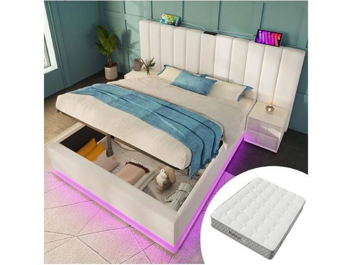 Gepolstertes Stauraumbett - 180 x 200 cm - mit LEDs + USB + Kopfteil - Leinen - Weiß (mit Matratze) von Kauf-Unique Marketplace