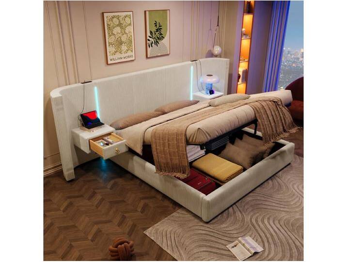 Gepolstertes Stauraumbett - 180 x 200 cm - mit LEDs + USB + TYPE-C + 2 Schubladen - hydraulischer Stauraum - Samt - Beige von Kauf-Unique Marketplace
