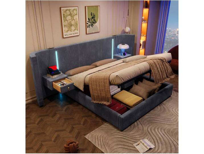 Gepolstertes Stauraumbett - 180 x 200 cm - mit LEDs + USB + TYPE-C + 2 Schubladen - hydraulischer Stauraum - Samt - grau von Kauf-Unique Marketplace