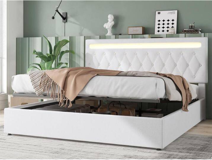 Gepolstertes Stauraumbett 180 x 200 cm – mit farbwechselnder LED und USB-Anschlüssen – Weiß von Kauf-Unique Marketplace