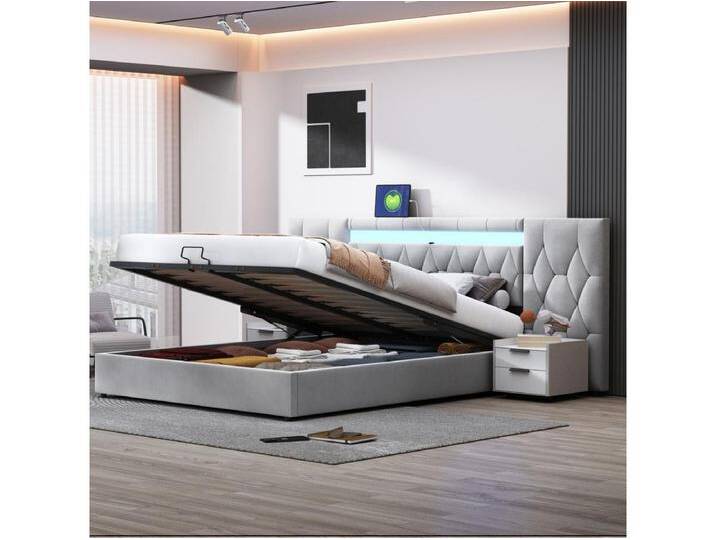 Gepolstertes Stauraumbett 180x200cm – mit großer Rückenlehne – mit LED und USB-Steckdose – Samt – Stauraumbett – Grau von Kauf-Unique Marketplace