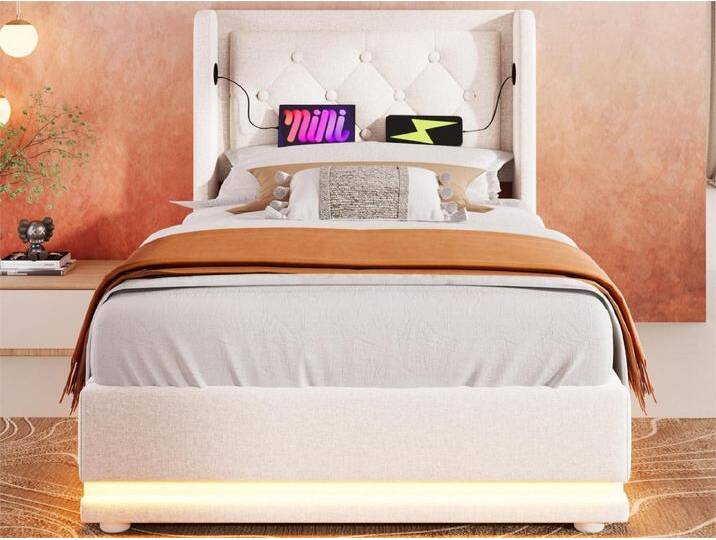 Gepolstertes Stauraumbett 90 x 200 cm aus Baumwollstoff – mit Ladefunktion und LED am Fußende des Bettes – Beige von Kauf-Unique Marketplace