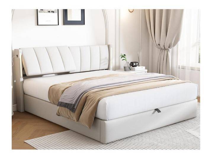 Gepolstertes Stauraumbett aus Kunstleder – 140 x 200 cm – mit USB-Anschluss und LED – verstellbares Kopfteil – Weiß von Kauf-Unique Marketplace