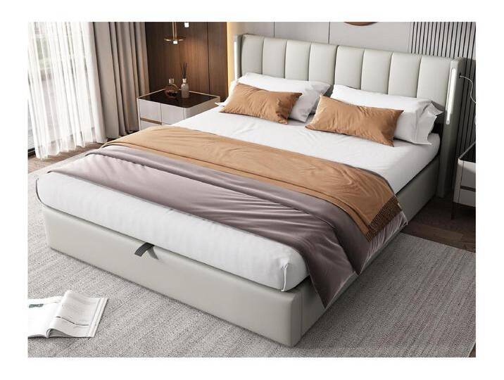 Gepolstertes Stauraumbett aus Kunstleder – 180 x 200 cm – mit USB-Anschluss und LED – verstellbares Kopfteil – Grau von Kauf-Unique Marketplace